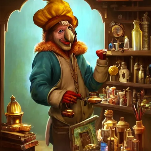 Image similar to Anthropomorphized parrot trader in his shop, shelves full, selling a gem, portrait, items, magic potions, window, warm lamp, fancy hat, sly expression , cunning expression, cute expression, presenting magic gem, D&D, fantasy, cinematic lighting, highly detailed, digital painting, artstation, concept art, smooth, sharp focus, illustration, warm light, cozy warm tint, magic the gathering artwork, volumetric lighting, 8k, no gold, no gold colours, art by Akihiko Yoshida, Greg Rutkowski