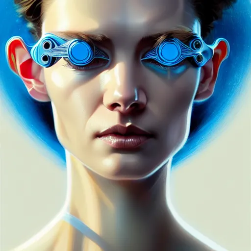 Image similar to woman with extremely large and intricate haircut with friendly blue eyes and slim features looking askance, eye cyberpunk bionics, retro futurist style, intricate, elegant gleaming jewelry, angelic halo, highly detailed, digital painting, artstation, concept art, smooth, sharp focus, illustration, art by wlop, mars ravelo and greg rutkowski,