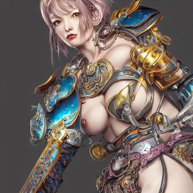 Image similar to studio portrait of lawful good colorful female holy mech paladin as absurdly beautiful, elegant, young sensual gravure idol, ultrafine hyperrealistic detailed face illustration by kim jung gi, irakli nadar, intricate linework, sharp focus, bright colors, matte, octopath traveler, final fantasy, unreal engine highly rendered, global illumination, radiant light, intricate environment