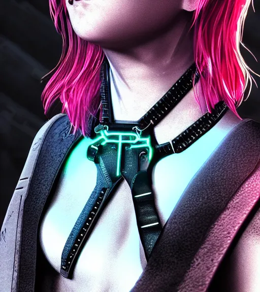 Image similar to detailed realistic female character cyberpunk wearing thick technological collar around neck, realistic, art, beautiful, 4K, collar, choker, collar around neck, punk, artstation, detailed, female, woman, choker, cyberpunk, neon, punk, collar, choker, collar around neck, thick collar, tight around neck, punk,