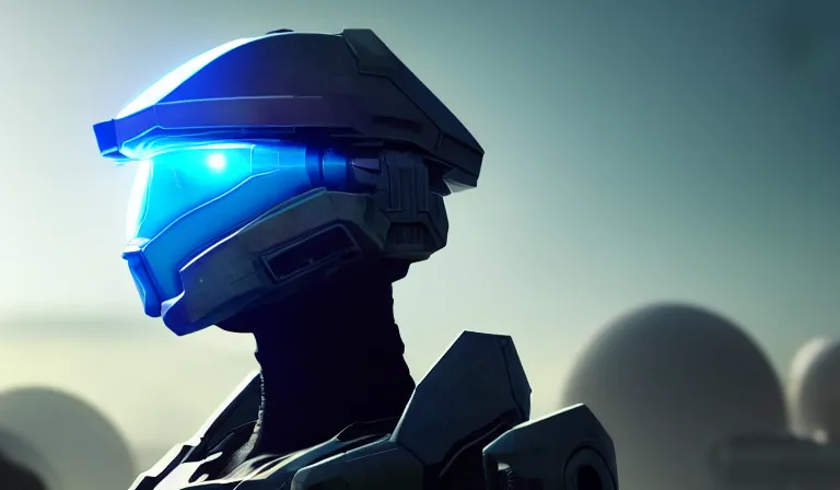 Image similar to cyberpunk halo helmet on space, planet behind, close shot, reflection, epic, dramatic, cinematic, award winning, ultra detailed, realistic, 8k,