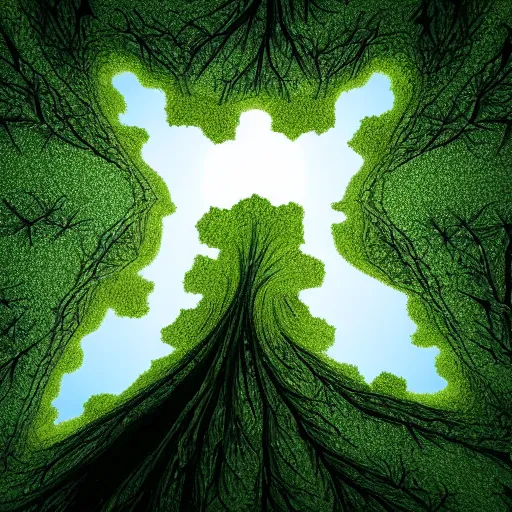 Prompt: looking up at trees from ground level, trees parted in shape of mandelbrot set, artstation