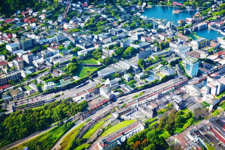 Image similar to bird's eye view photography of a small city. town hall, central farm, monorail station, beach and harbor. hills, woods and lake to the north.