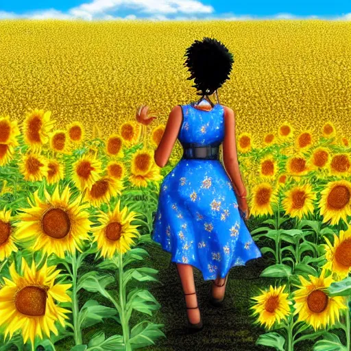 Image similar to highly detailed Anime visual of a black woman with blue hair and a yellow floral dress walking in a sunflower field during sunset, official media, drawn by Natsuki Takaya, cute