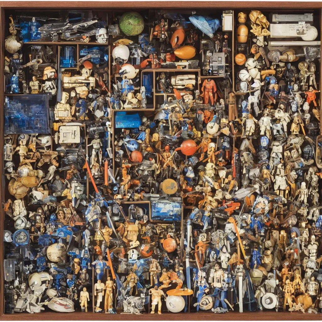 Image similar to a well - lit, detailed museum archive rich color photograph of a star wars memory box by joseph cornell, containing a few action figures, some photographs, a star chart, a ticket stub, and a large lightsaber