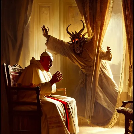 Image similar to the pope wakes up is his bed, sweating, nervous and terrified, a double horned shadow demon lurks in the curtains of the papal bedroom. highly detailed painting by gaston bussiere, j. c. leyendecker, greg rutkowski, craig mullins 8 k