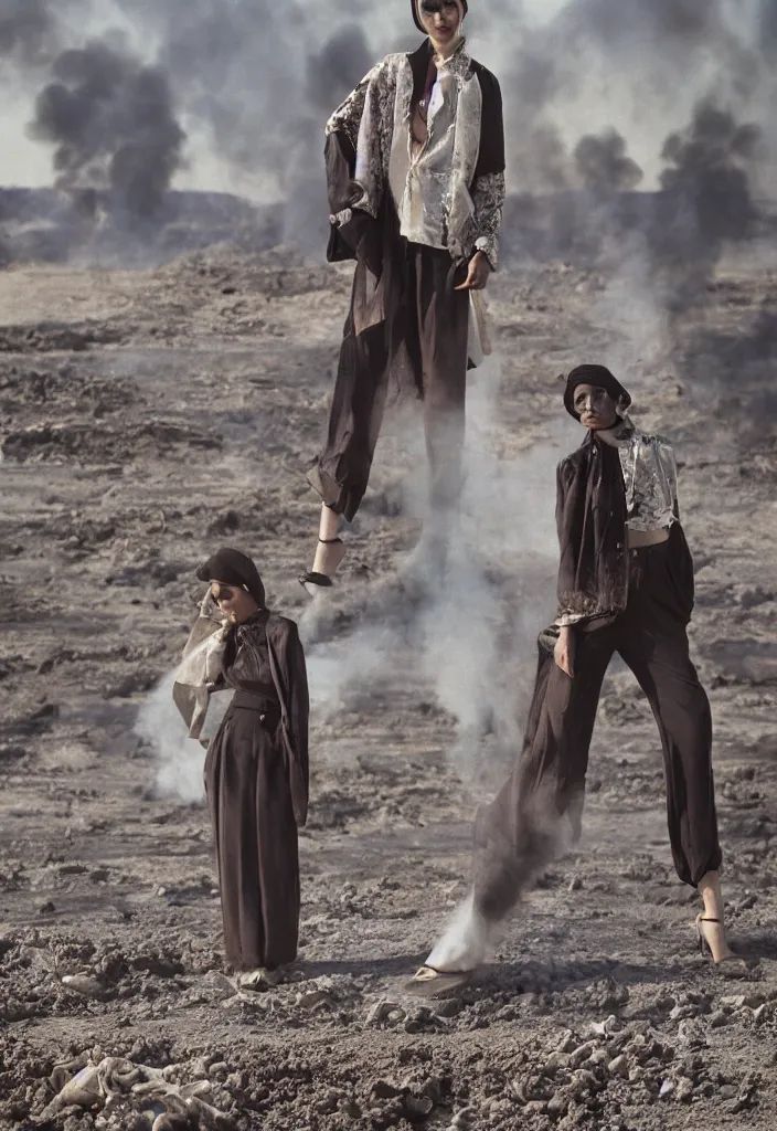 Prompt: portrait photograph fashion editorial in Kuwait oil fields fire. 1991. highly detailed. depth of field. high definition. 8k. photography.