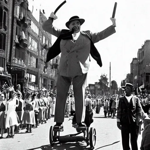 Image similar to danny devito walking with stilts during the great parade festival circa 1 9 3 9