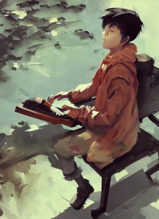 Image similar to semi reallistic gouache gesture painting, by miura kentaro, by ruan jia, by Conrad roset, by dofus online artists, detailed anime 3d portrait a boy playing music on a park, cgsociety, artstation, rococo mechanical, Digital reality, realistical, dieselpunk atmosphere, gesture drawn