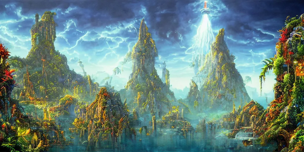 Prompt: fantasy oil painting, regale, fortress mega structure city, colossus of rhodes, atlantis, hybrid, looming, warm lighting, overlooking, epic, lush plants flowers, rainforest mountains, bright clouds, luminous sky, outer worlds, cinematic lighting, michael cheval, michael whelan, oil painting, natural tpose