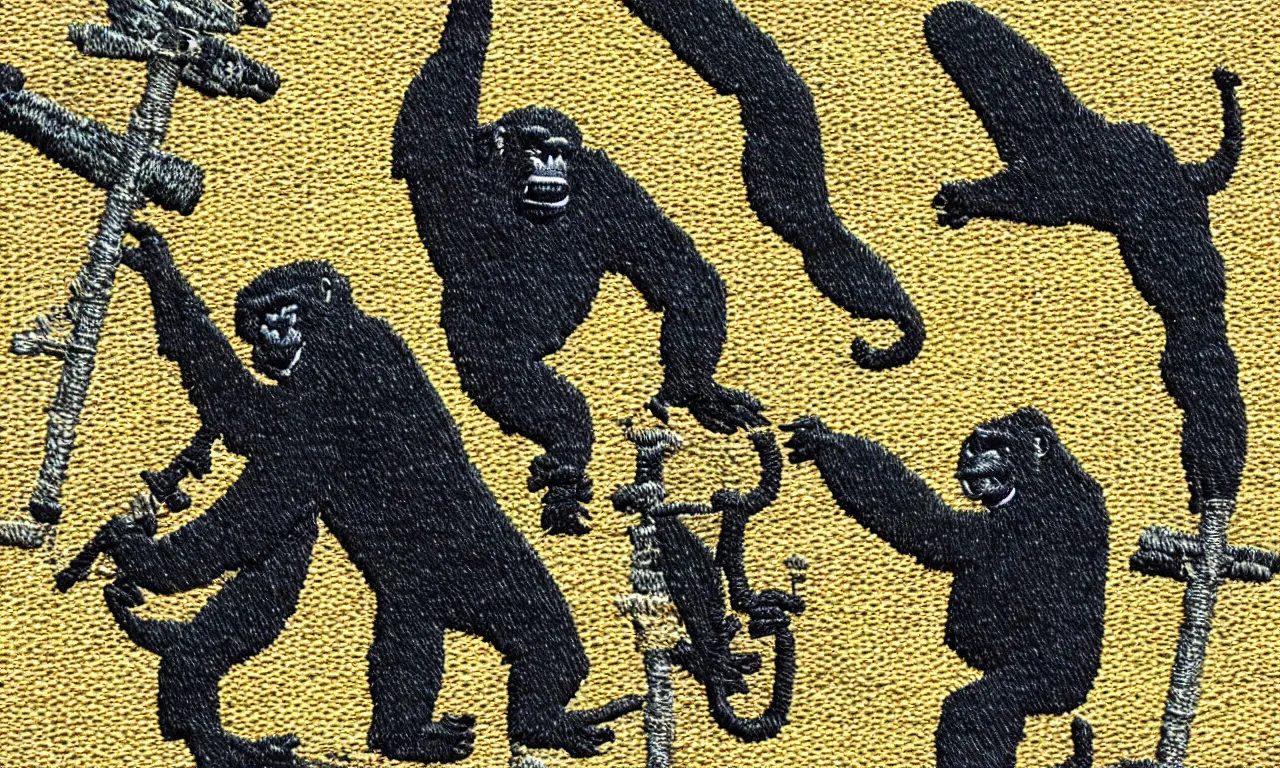 Prompt: a gorilla climbing a radio tower reading lighting bolts, embroidered us corps patch 8 k /