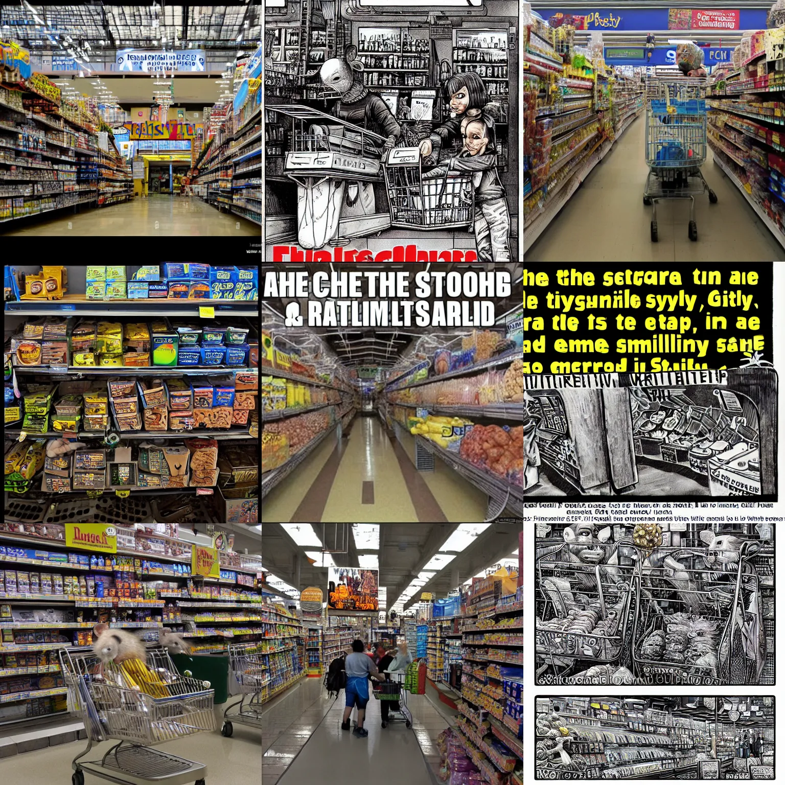 Prompt: at the checkout line in a dystopian ratty Walmart where smiling rat! families trade! ammunition! for food, in the style of H.R. Giger