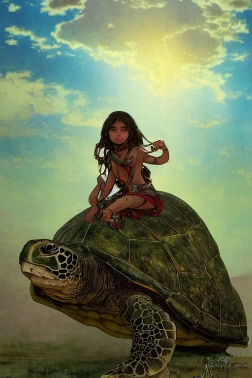 Image similar to a little warrior girl sitting on top of a giant turtle that is walking in the desert, seen from a distance. the girl is fully visible and has dark skin and beautiful green eyes, realistic full body and a very beautiful detailed face with long black hair. diffuse light, dramatic sky and landscape, fantasy illustration by mucha