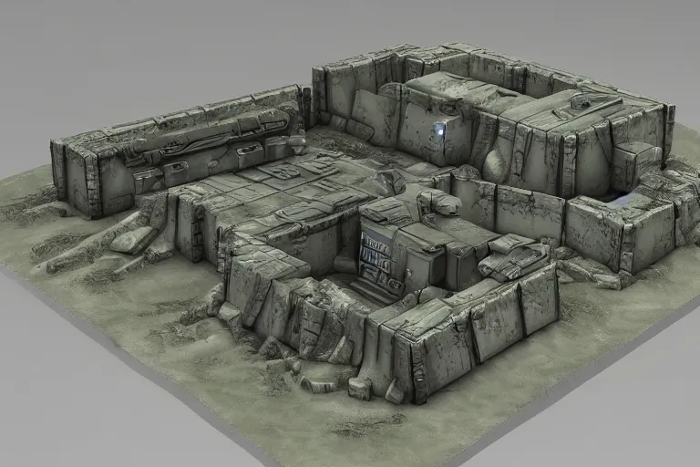 Prompt: 40k Tau empire bunker. Tao coalition. Greater good gromdark bunker. 3d printable wargaming terrain. High resolution render. CGSociety.