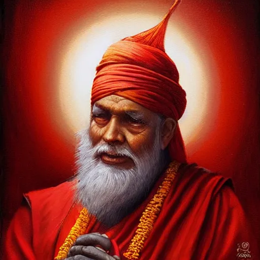 Image similar to wise old Indian guru, red and gold, by Anato Finnstark, Tom Bagshaw, Brom