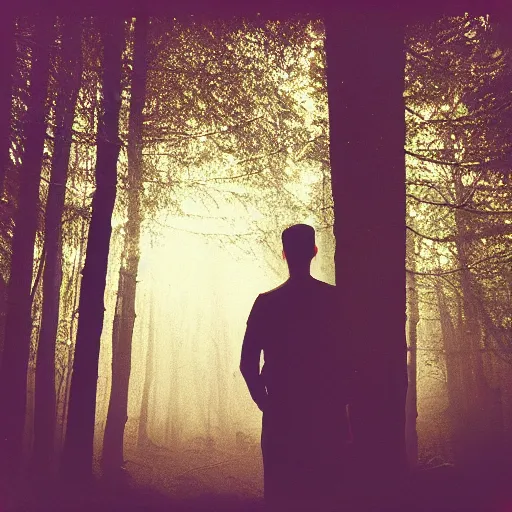 Image similar to square polaroid photo of a guy with standing in a dark fantasy forest, back view, lens flare, moody lighting, moody vibe, telephoto, 9 0 s vibe, blurry background, grain, tranquil, calm, faded!,