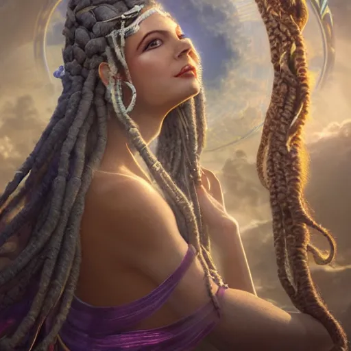 Prompt: unreal engine, octane render, 8 k techno mystic goddess princess intergalactica, goddess inanna, ashteroth, with aqua neon rapunzel dreadlocks, mami wata, detailed, by gaston bussiere, bayard wu, greg rutkowski, h. r. giger, greg rutkowski, masterpiece, sharp focus,