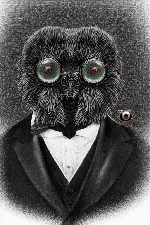 Image similar to a portrait of a handsome tarantula!!! wearing a monocle and a victorian suit, character art, headshot, trending on artstation, macro lens photography of a cute spider wearing a tuxedo!