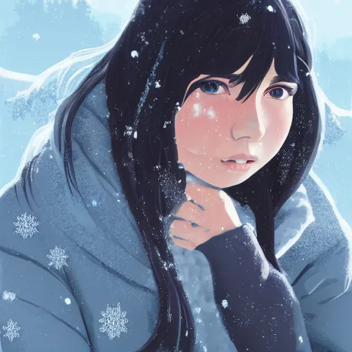 Prompt: portrait of teen girl with long black hair and bangs, detailed facial features, beautiful face, snowy winter village in the background, digital painting, artstation, highly detailed, by makoto shinkai and thomas kindle and James gilleard