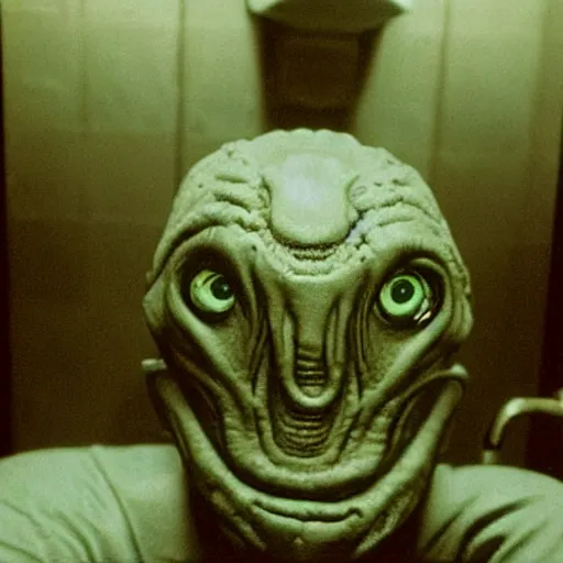 Image similar to HP Lovecraft alien sitting on the toilet. Color photograph.