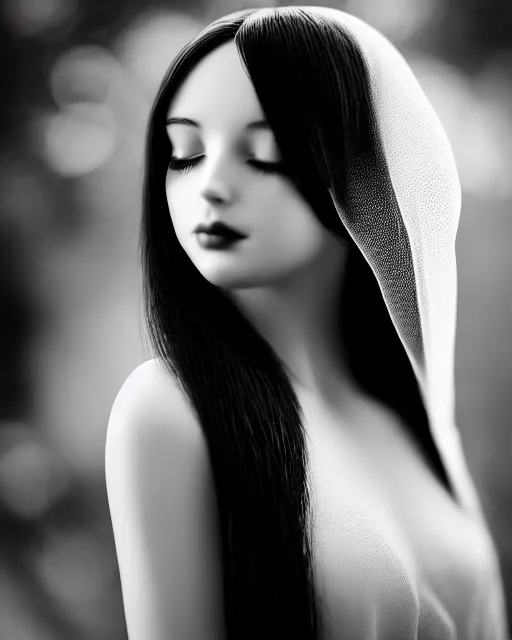 Prompt: black and white dreamy young beautiful veiled female artificial intelligence, realistic orchids ornament in the face, long hair are intricate with highly detailed realistic orchids, cinematic, rim light, bokeh, photo - realistic, elegant, high detail, 8 k, masterpiece, photo taken in 1 9 3 0