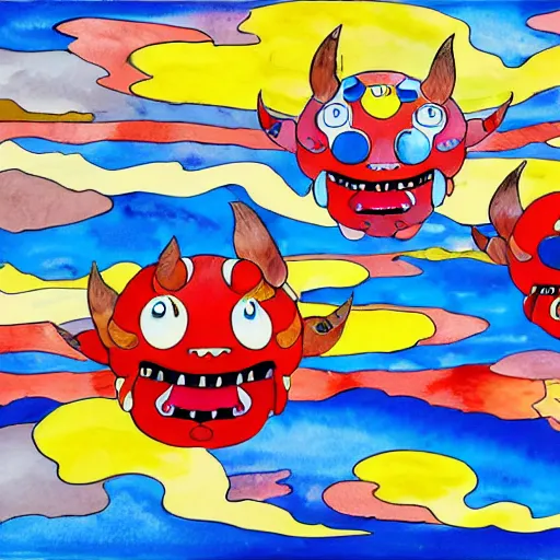 Image similar to Three bright red demons flying up from a desert canyon in the style of Takashi Murakami, highly detailed, watercolor background, Kids See Ghosts