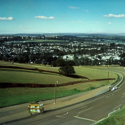 Image similar to this photograph was taken around the new year of 1 9 7 0. the view is over the suburb of epsom. in the right distance is cornwall park, greenlane hospital, and then maungakiekie / one tree hill. from a found kodachrome slide.