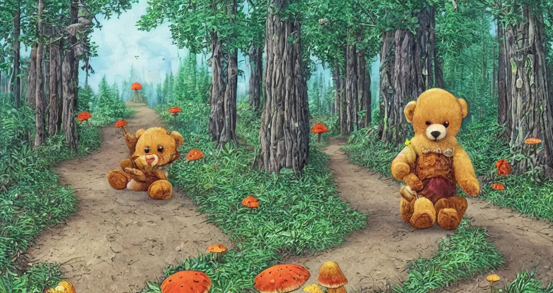 Image similar to teddy bear traveling on a forest road, with by lots of different kind on animals, small and big fairy tale buildings, giant mushrooms, weird creatures, highly detailed, wide view, book illustration, by sven nordqvist