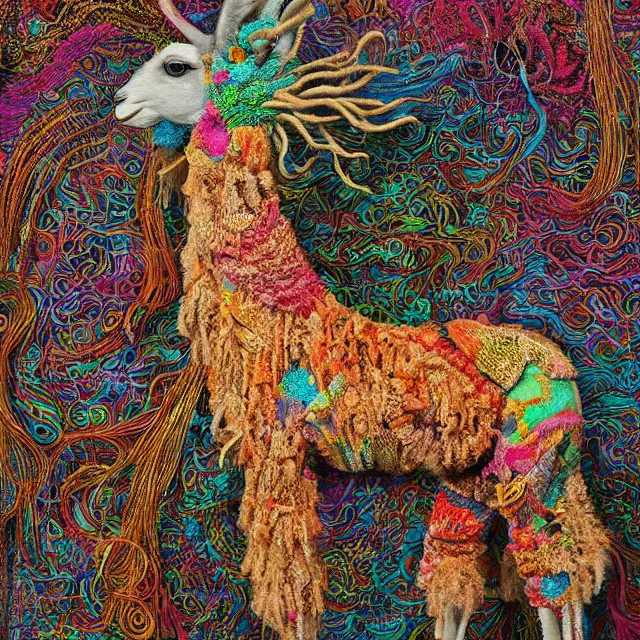 Prompt: llama with dreadlocks, colorful, detailed, by ernst haeckel, james jean, el anatsui, mandy jurgens