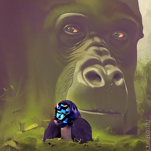 Prompt: statue of a gorilla ruins covered by the dense jungle, artwork by Sergey Kolesov