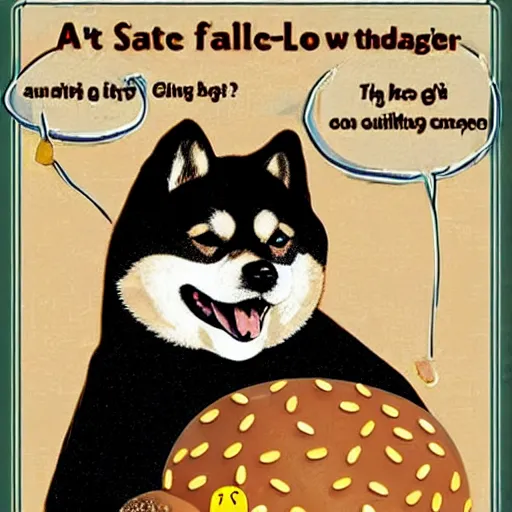 Image similar to a fortune-telling shiba inu reading your fate in a giant hamburger, digital art