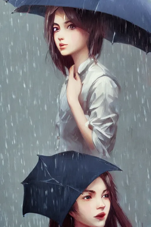 Image similar to A ultradetailed beautiful portrait panting of a stylish girl with an umbrella, rainy day, Oil painting, by Ilya Kuvshinov, Greg Rutkowski and Makoto Shinkai