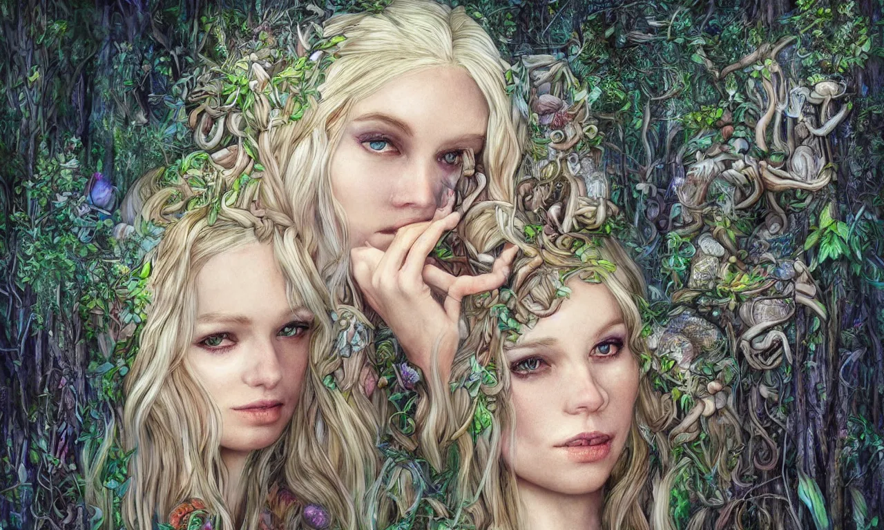 Prompt: beautiful blonde woman with plaits, forest fae, psychedelic mushrooms, magic, mystical, white witch, photorealistic