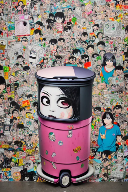 Image similar to full view, from a distance, of anthropomorphic taiwanese trashcan full of trash, style of yoshii chie and hikari shimoda and martine johanna, highly detailed