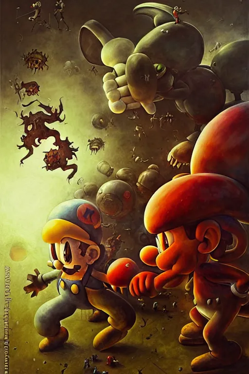 Image similar to hieronymus bosch, greg rutkowski, anna podedworna, painting of samus aran fighting mario and luigi