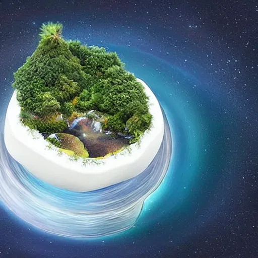 Image similar to “floating island in the space, with a waterfalls, 4k image, award winning”