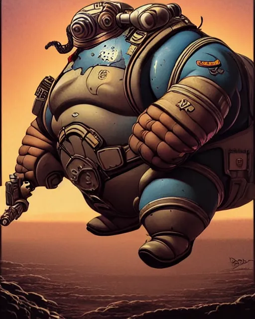 Image similar to roadhog from overwatch, character portrait, portrait, close up, concept art, intricate details, highly detailed, vintage sci - fi poster, retro future, in the style of chris foss, rodger dean, moebius, michael whelan, and gustave dore