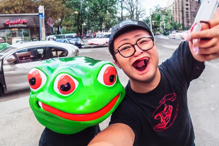 Prompt: I took a selfie with the corporate mascot of fast food chain frog burger, selfie photography, 55mm