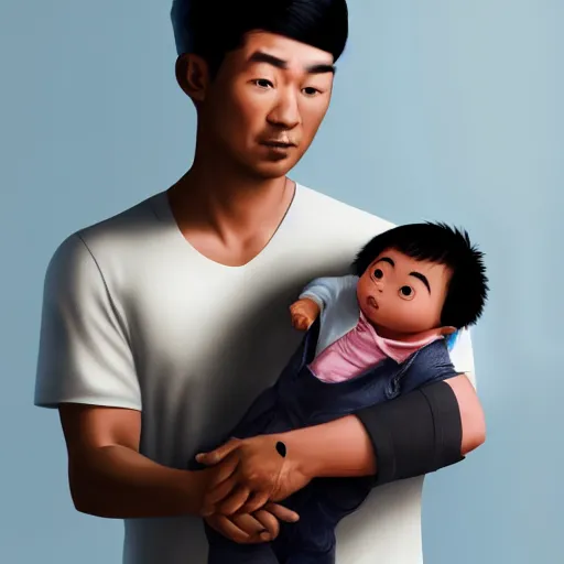 Prompt: asian man looks totally confused as he holds a black baby at the hospital, artistic render, pixar art, trending on artstation