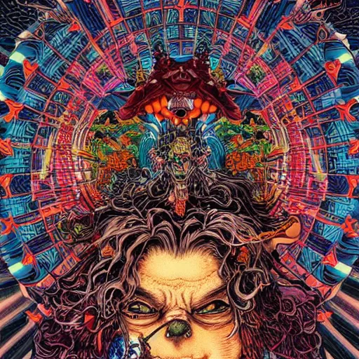 Prompt: portrait of crazy hippy man, symmetrical, by yoichi hatakenaka, masamune shirow, josan gonzales and dan mumford, ayami kojima, takato yamamoto, barclay shaw, karol bak, yukito kishiro