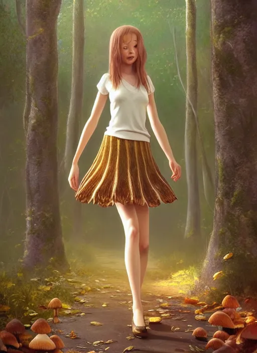 Image similar to young woman walking in short skirt : : magic forest mushrooms nature : : weta disney pixar movie still photo : : decadent highly - detailed digital painting, full length shot, golden ratio, octane render, artstation, smooth, sharp focus, artgerm, mucha, loish, wlop, gogo