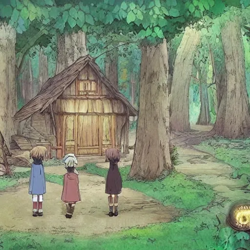 Prompt: a forrest mystical society and village, studio ghibli style