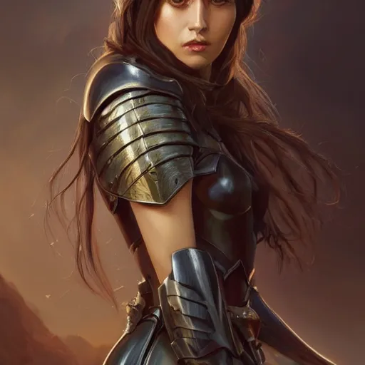 Prompt: a portrait of an attractive young woman, clothed in battle armor, olive skin, long dark hair, beautiful bone structure, symmetrical facial features, intricate, elegant, highly detailed, digital painting, trending on Artstation, concept art, smooth, sharp focus, illustration, by artgerm and greg rutkowski and alphonse mucha