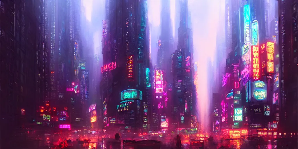 Image similar to New York City by Neon Light, in the style of Cyberpunk Impressionism, Krenz Cushart, Moebius, and Muchain, Prismatic, Rococo, Pearlescent, reflective, shimmering, highly detailed, masterpiece, dreamy, concept art, Cinema lighting, 8k, trending on artstation