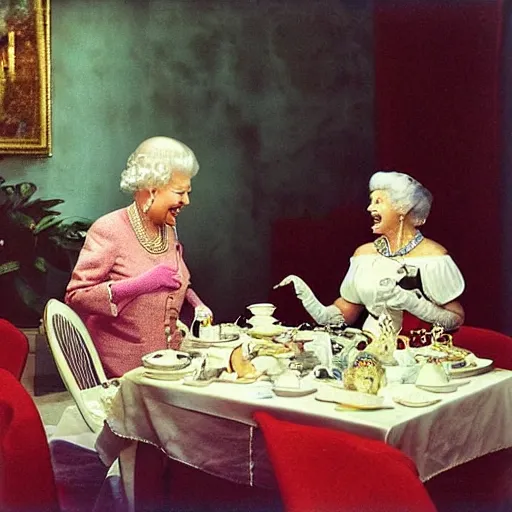 Image similar to “Queen Elizabeth having an English tea party with a mantis shrimp and an octopus, laughing”