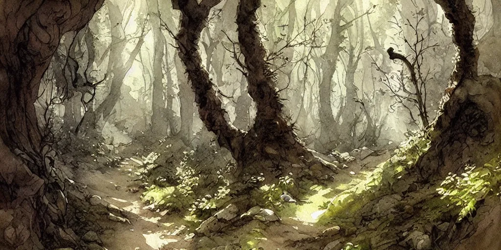 Image similar to path in the forest, leading to a dark cave entrance, exquisite masterpiece watercolor painting by jean - baptiste monge, trending on artstation
