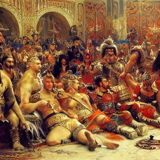 Prompt: ghenghis khan lounging on his throne, smirking, surrounded by warriors and loot, painted by gaston bussiere