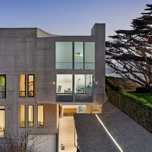 Prompt: a modern concrete mansion on the bluffs overlooking san francisco