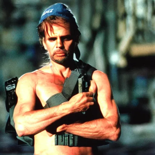 Prompt: michael biehn as solid snake, bandana, 1 9 8 7, 3 5 mm