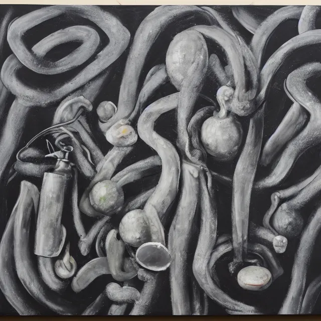 Image similar to grey vegetables, charcoal, fire extinguisher, black burnt cotton, neo - expressionism, surrealism, acrylic and spray paint and oilstick on canvas